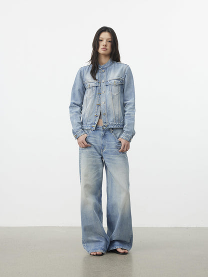 AFTADAWN Light Wash Whisker Stand Collar Short Side Pocket Women&