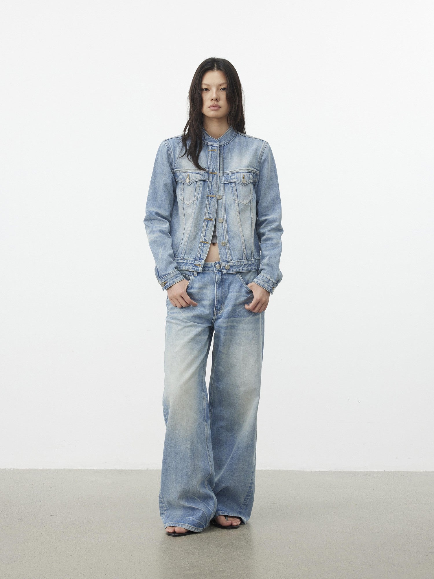 AFTADAWN Light Wash Whisker Stand Collar Short Side Pocket Women&