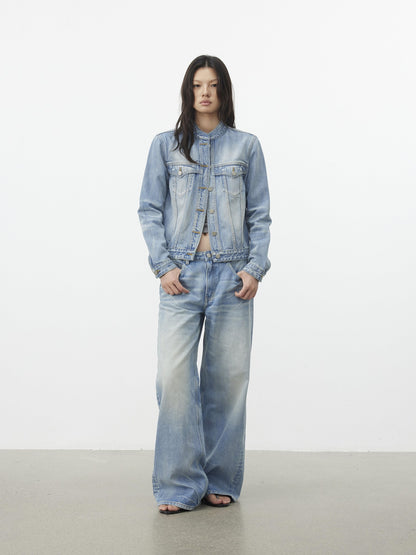 AFTADAWN Light Wash Whisker Stand Collar Short Side Pocket Women&