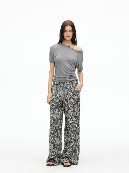 AFTADAWN Linen Blend Textured Botanical Print Drawstring Beaded Waist Pants