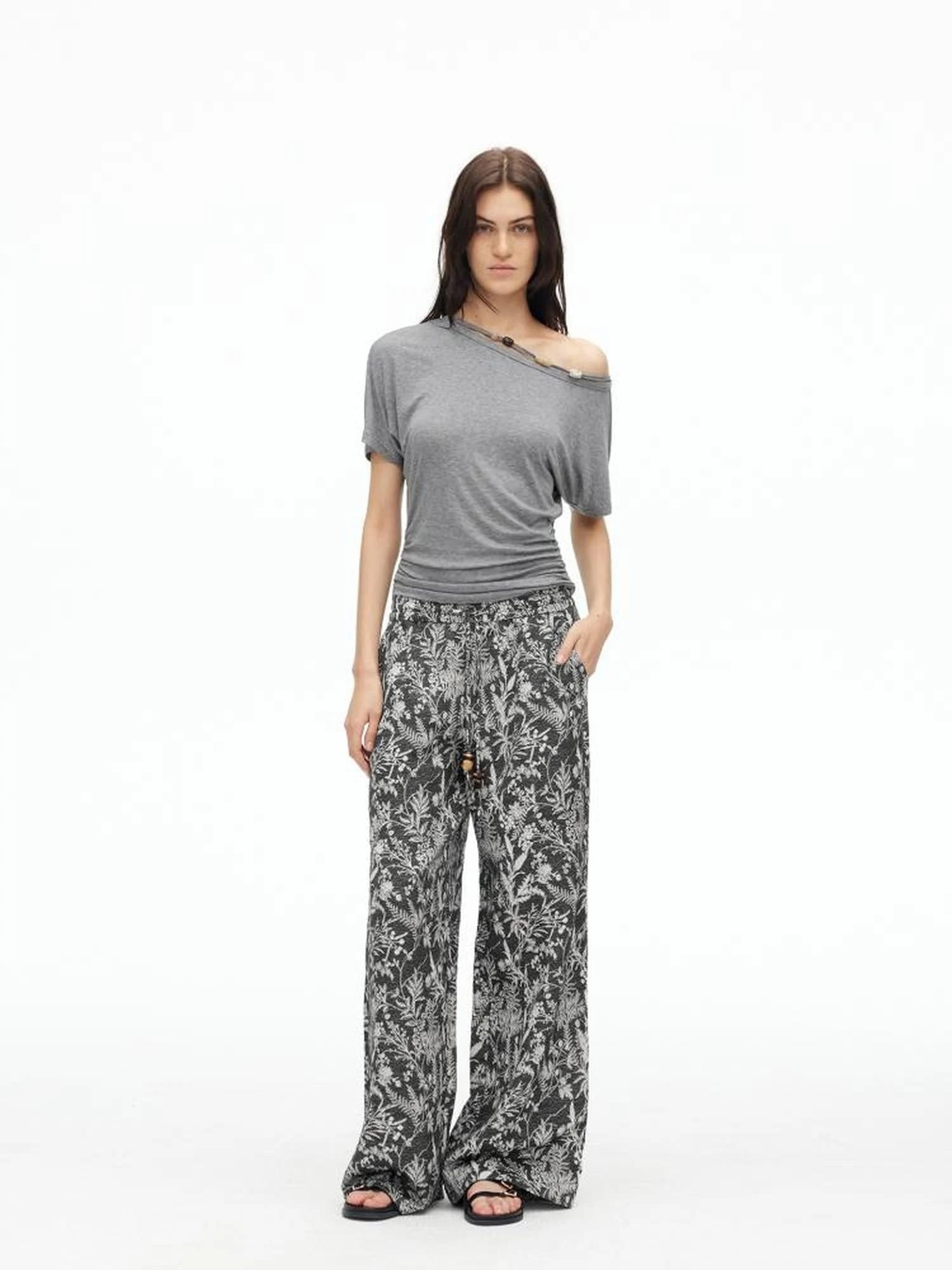Linen Blend Textured Botanical Print Drawstring Beaded Waist Pants