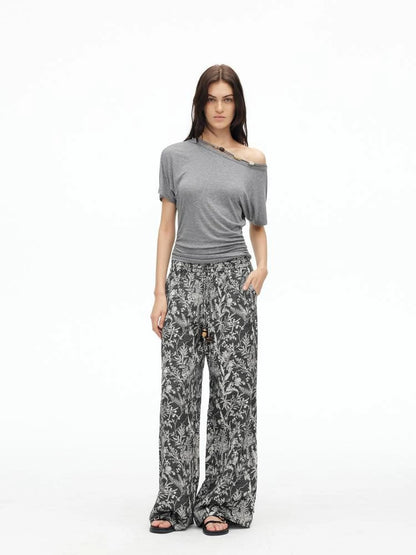 Linen Blend Textured Botanical Print Drawstring Beaded Waist Pants