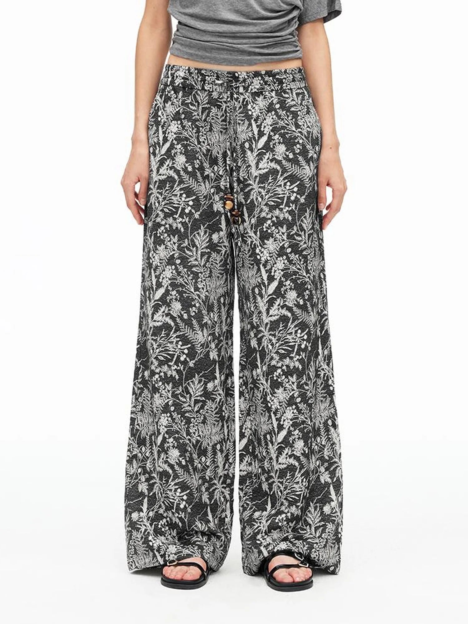 Linen Blend Textured Botanical Print Drawstring Beaded Waist Pants