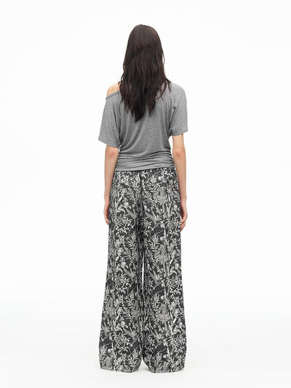 AFTADAWN Linen Blend Textured Botanical Print Drawstring Beaded Waist Pants