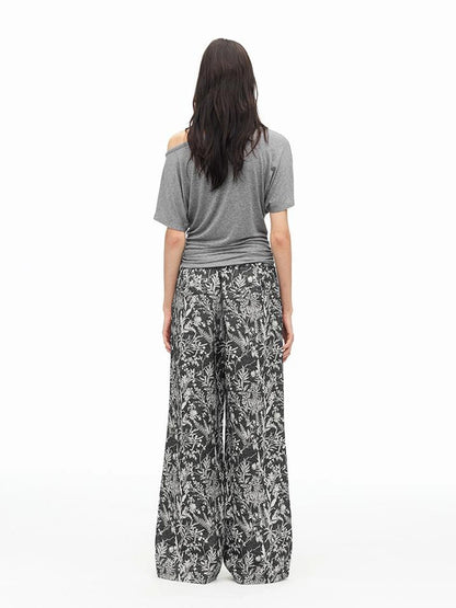 Linen Blend Textured Botanical Print Drawstring Beaded Waist Pants
