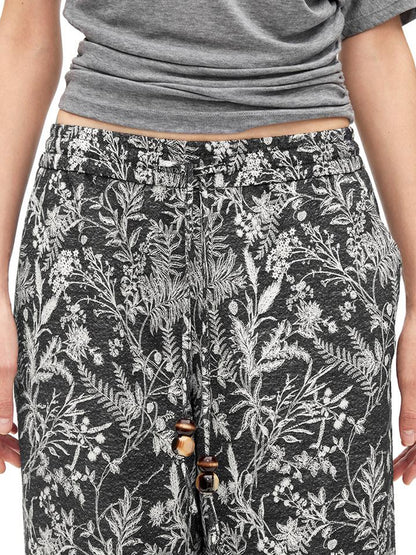 AFTADAWN Linen Blend Textured Botanical Print Drawstring Beaded Waist Pants