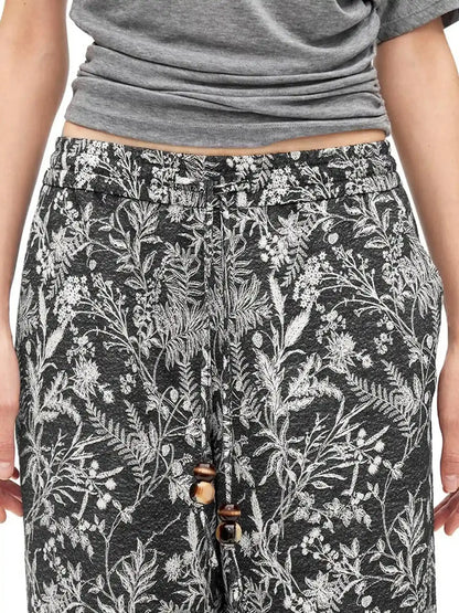 Linen Blend Textured Botanical Print Drawstring Beaded Waist Pants