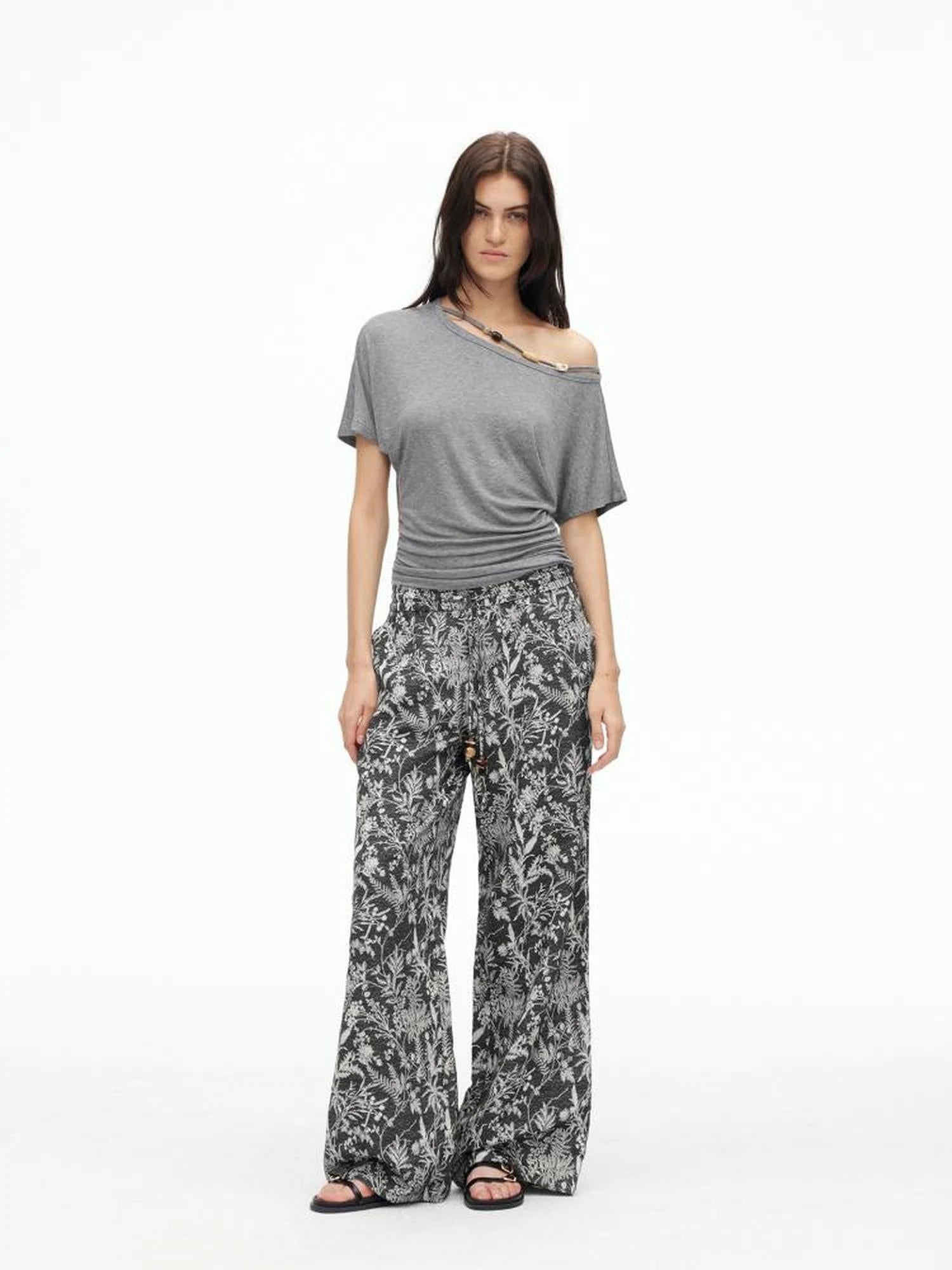 Linen Blend Textured Botanical Print Drawstring Beaded Waist Pants