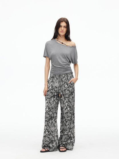AFTADAWN Linen Blend Textured Botanical Print Drawstring Beaded Waist Pants