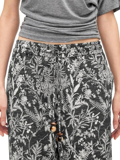 Linen Blend Textured Botanical Print Drawstring Beaded Waist Pants