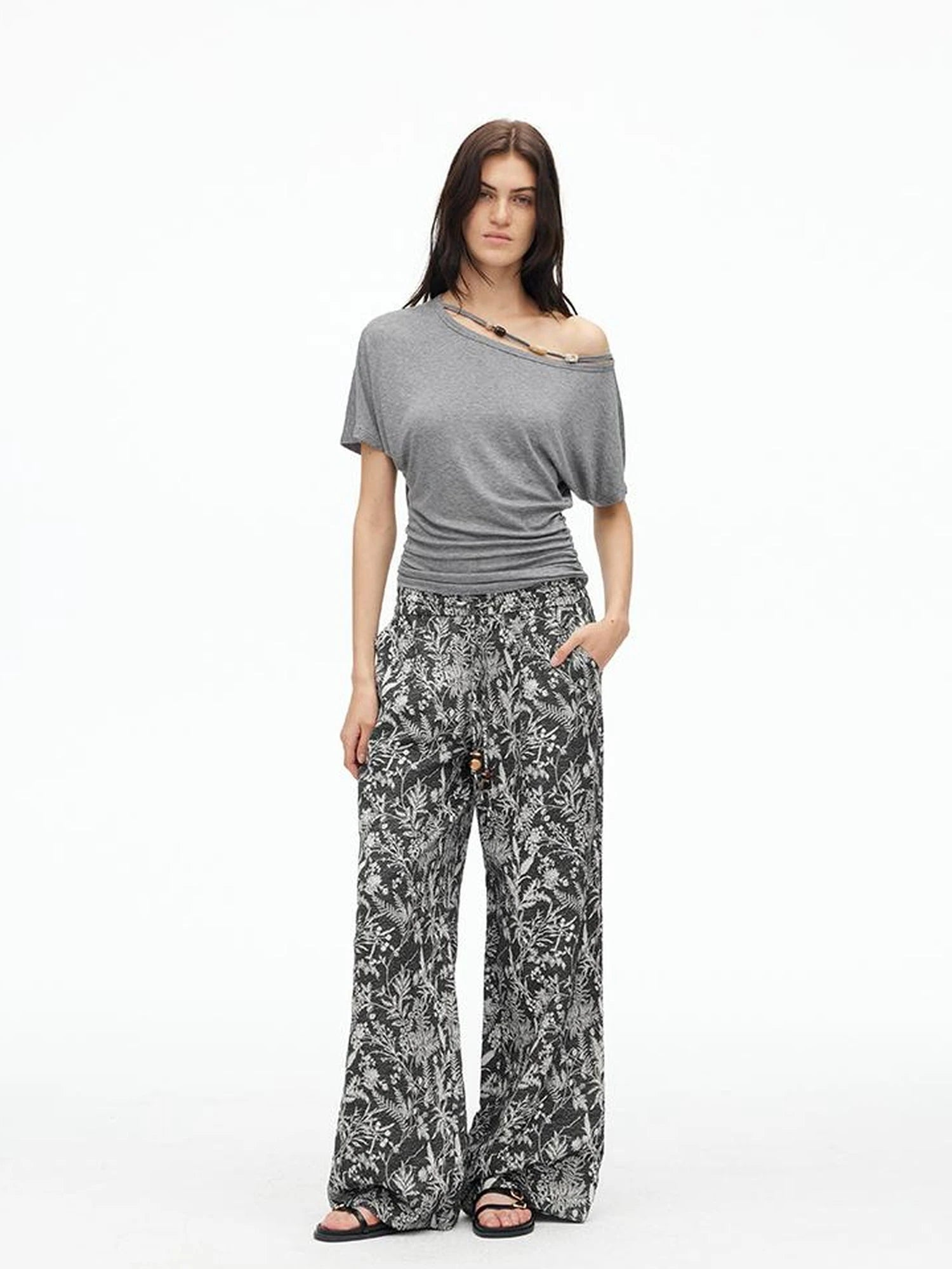 Linen Blend Textured Botanical Print Drawstring Beaded Waist Pants