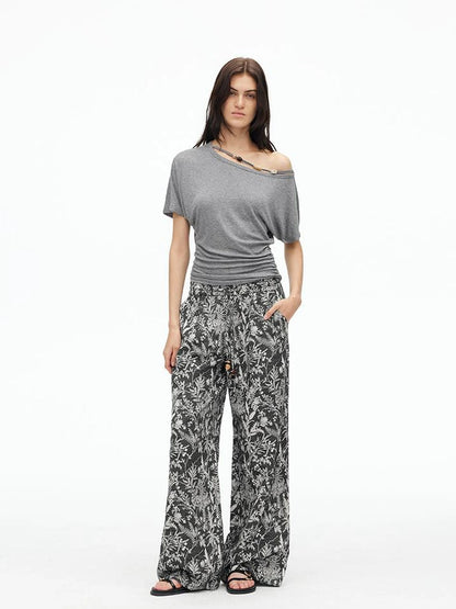 Linen Blend Textured Botanical Print Drawstring Beaded Waist Pants