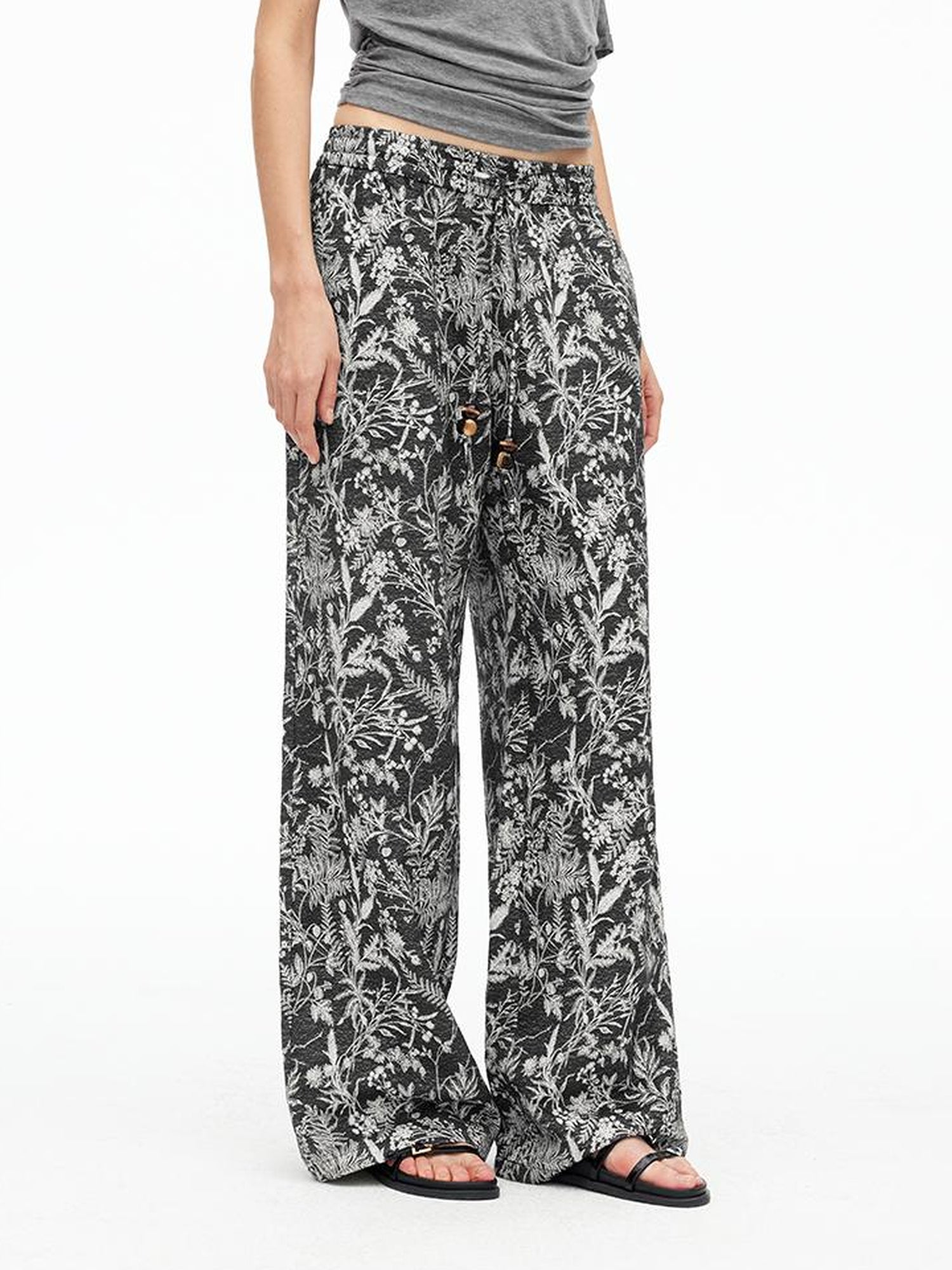 AFTADAWN Linen Blend Textured Botanical Print Drawstring Beaded Waist Pants