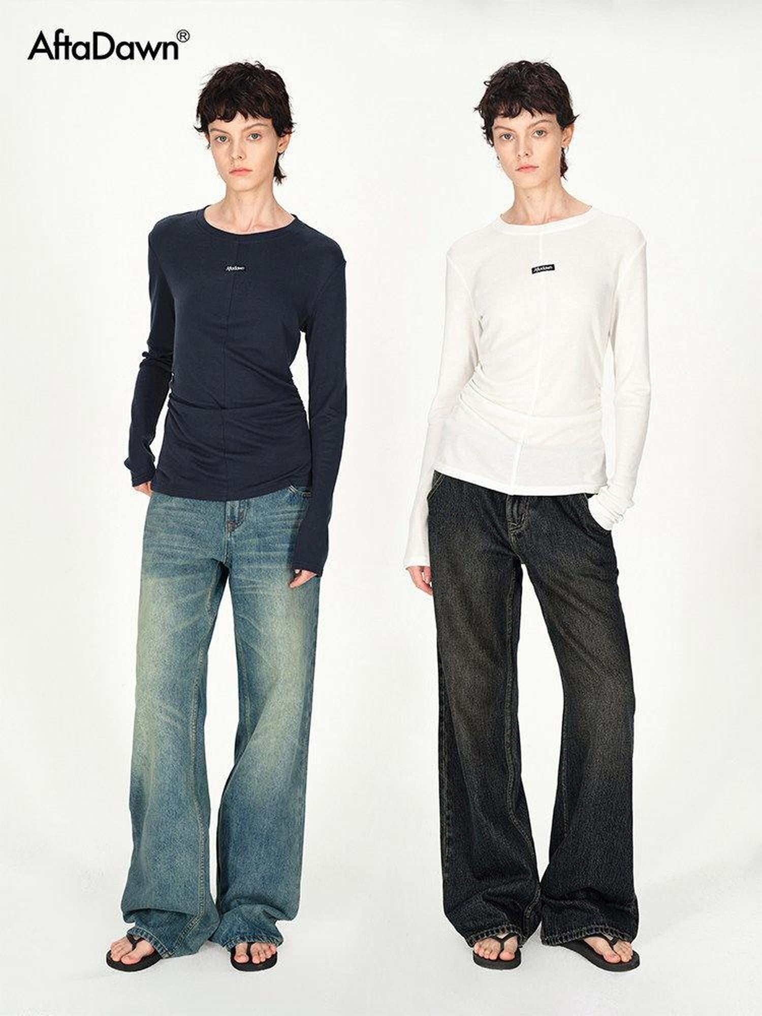 AFTADAWN Logo Embroidery Ruched Waist Round Neck Women&