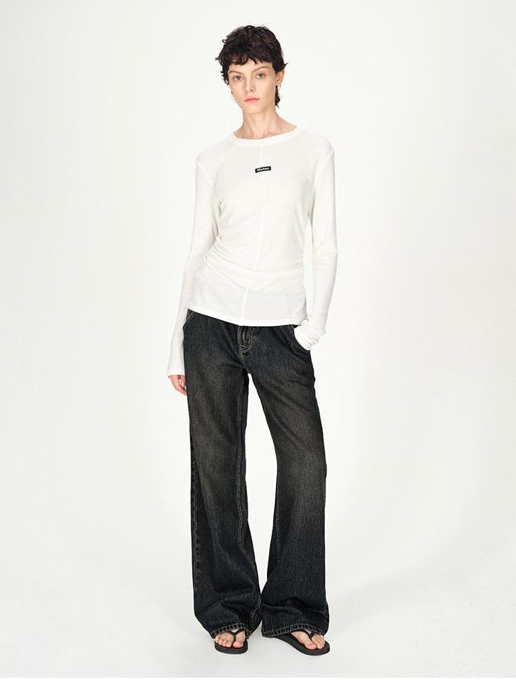 AFTADAWN Logo Embroidery Ruched Waist Round Neck Women&
