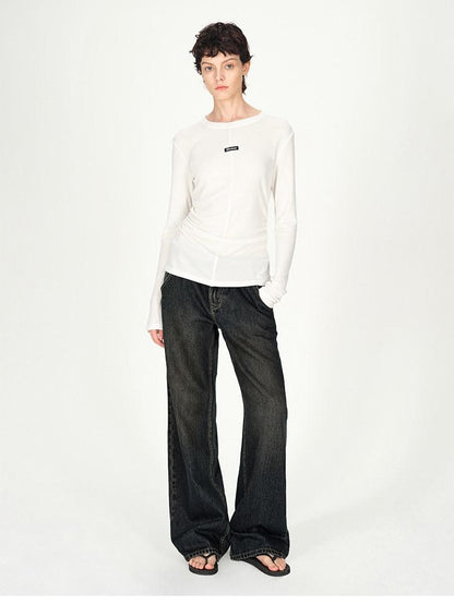 AFTADAWN Logo Embroidery Ruched Waist Round Neck Women&