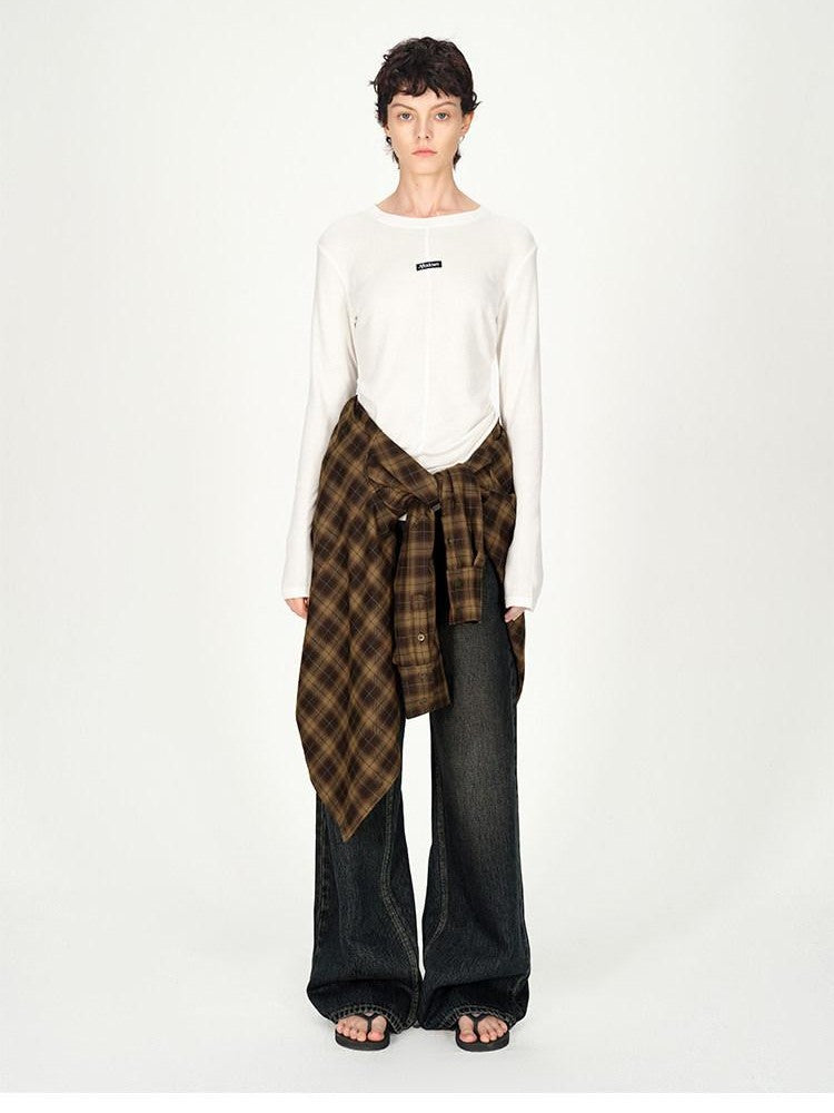 AFTADAWN Logo Embroidery Ruched Waist Round Neck Women&
