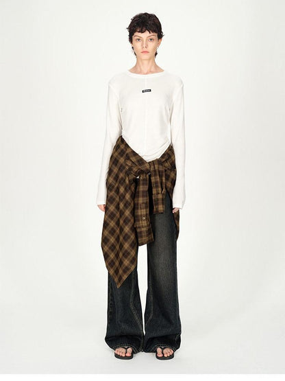 AFTADAWN Logo Embroidery Ruched Waist Round Neck Women&