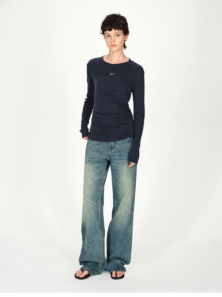 AFTADAWN Logo Embroidery Ruched Waist Round Neck Women&