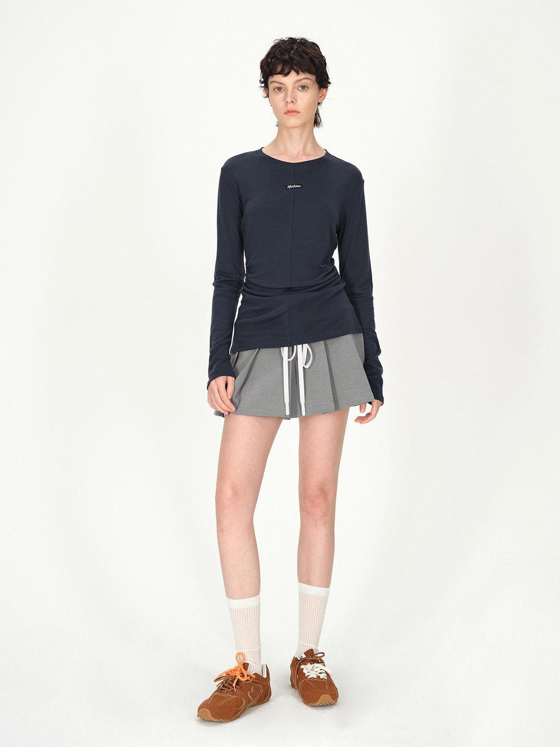 AFTADAWN Logo Embroidery Ruched Waist Round Neck Women&