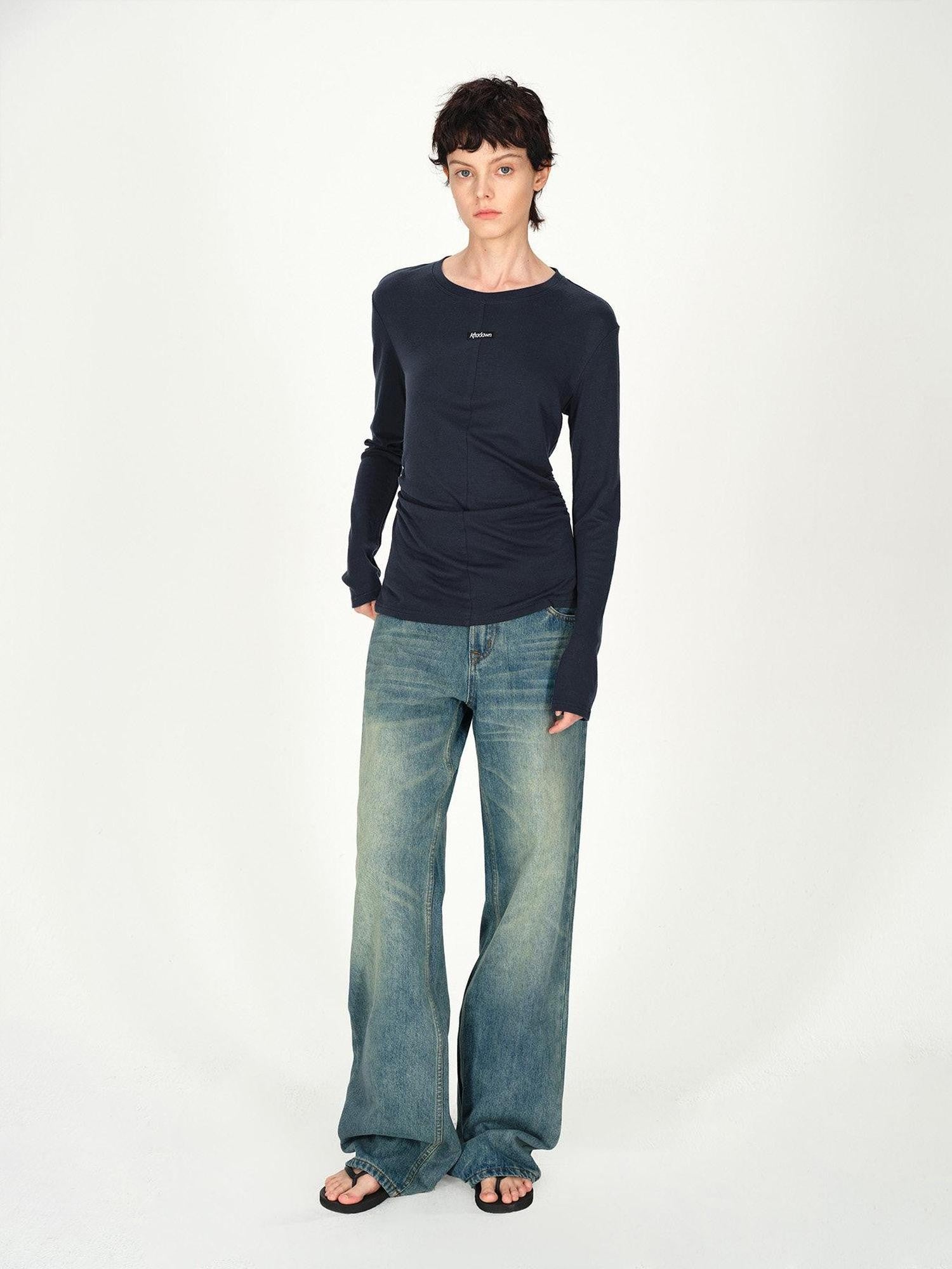 AFTADAWN Logo Embroidery Ruched Waist Round Neck Women&