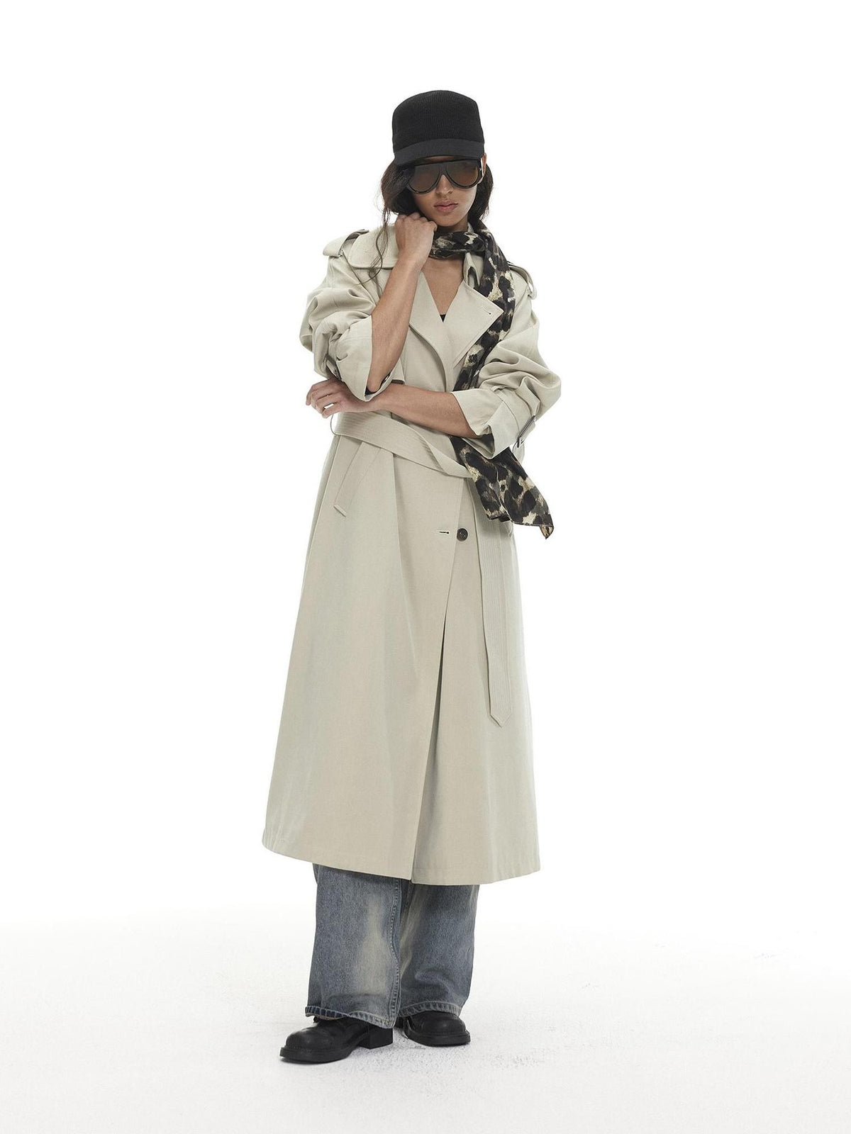 AFTADAWN Loose Belted Double Breasted Lapel Long Sleeve Wool Blend Women&