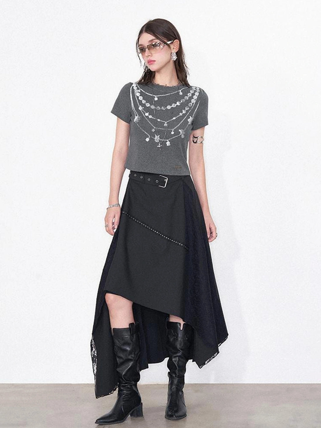 AFTADAWN Lost Necklace Print Tee Asymmetric Lace Skirt T-shirt