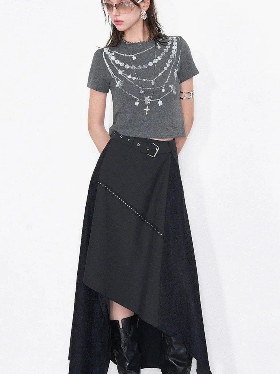AFTADAWN Lost Necklace Print Tee Asymmetric Lace Skirt T-shirt
