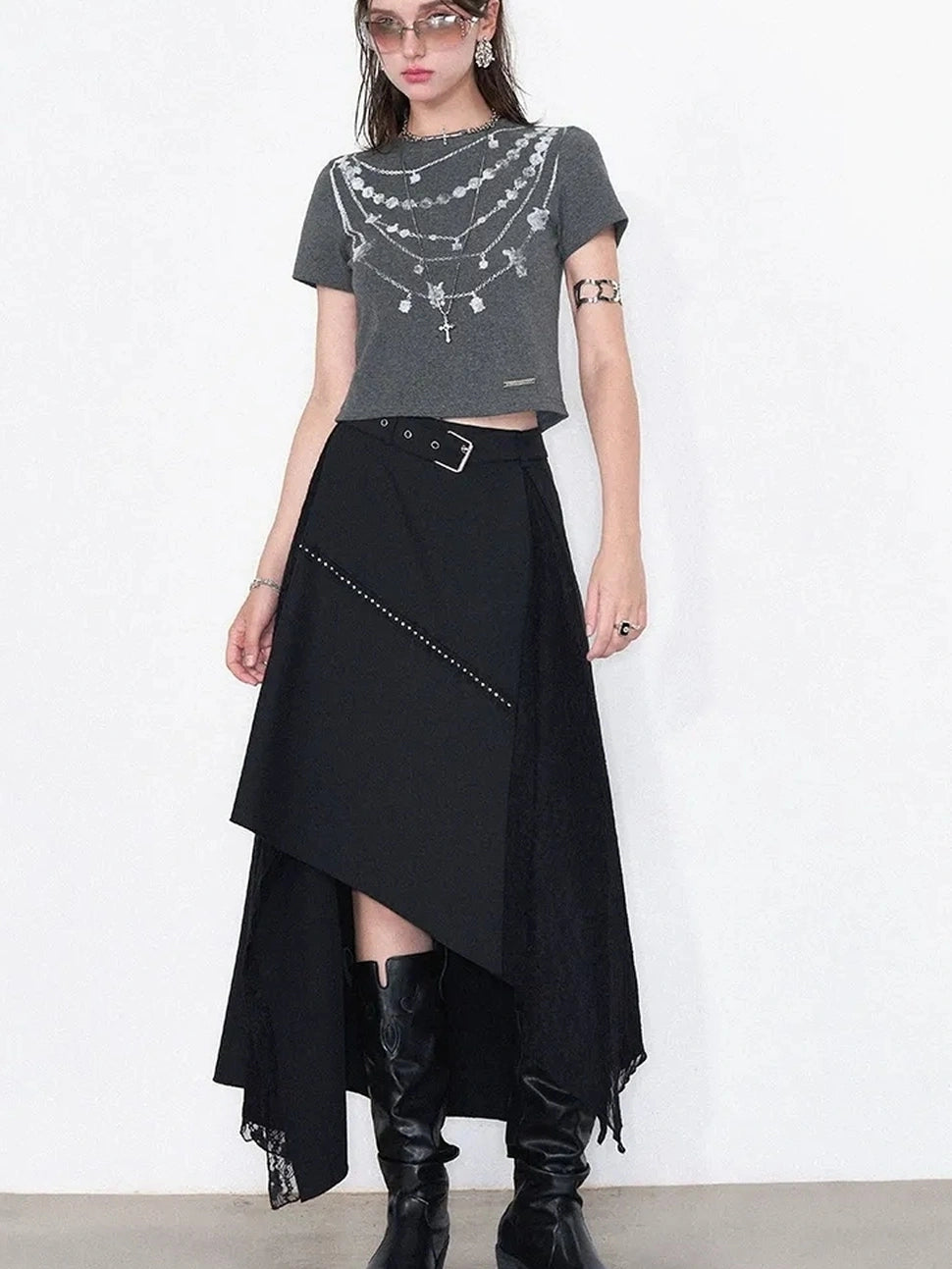 AFTADAWN Lost Necklace Print Tee Asymmetric Lace Skirt T-shirt