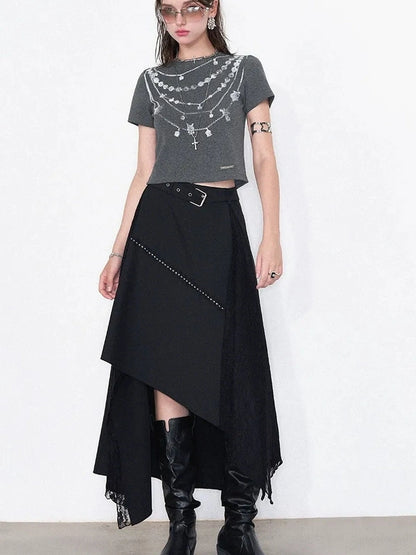 AFTADAWN Lost Necklace Print Tee Asymmetric Lace Skirt T-shirt
