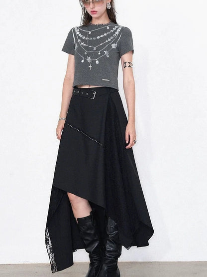 AFTADAWN Lost Necklace Print Tee Asymmetric Lace Skirt T-shirt