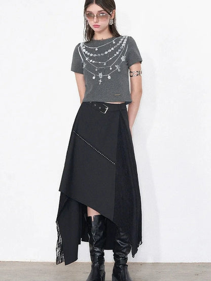 AFTADAWN Lost Necklace Print Tee Asymmetric Lace Skirt T-shirt