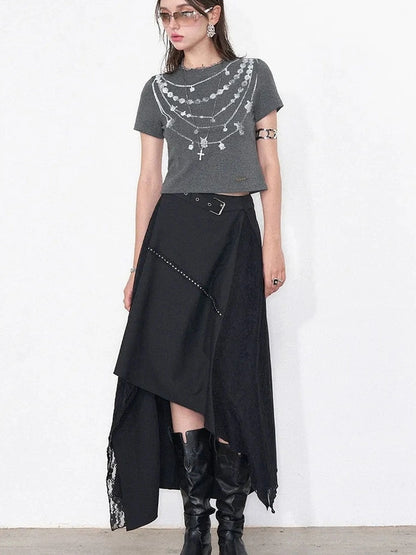 AFTADAWN Lost Necklace Print Tee Asymmetric Lace Skirt T-shirt