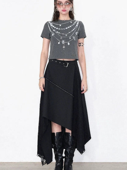 AFTADAWN Lost Necklace Print Tee Asymmetric Lace Skirt T-shirt