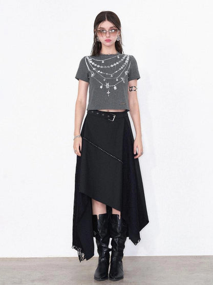 AFTADAWN Lost Necklace Print Tee Asymmetric Lace Skirt T-shirt