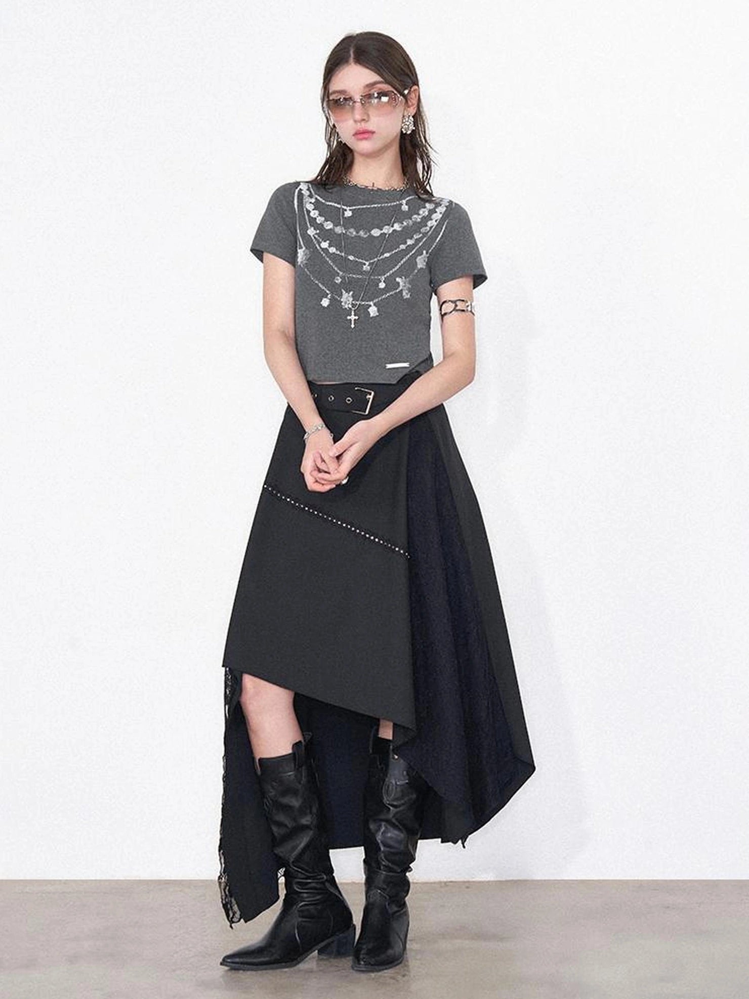 AFTADAWN Lost Necklace Print Tee Asymmetric Lace Skirt T-shirt