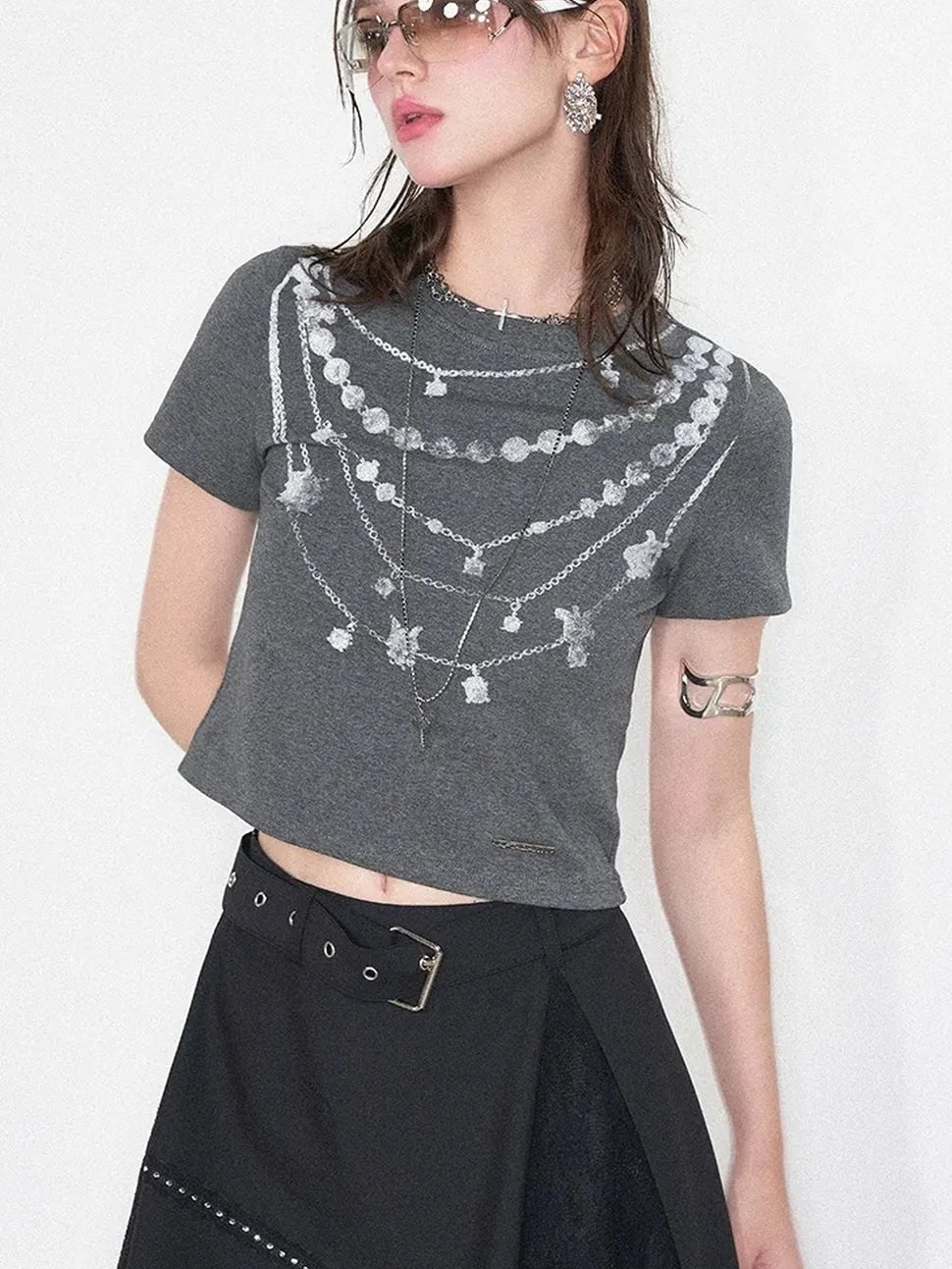 AFTADAWN Lost Necklace Print Tee Asymmetric Lace Skirt T-shirt