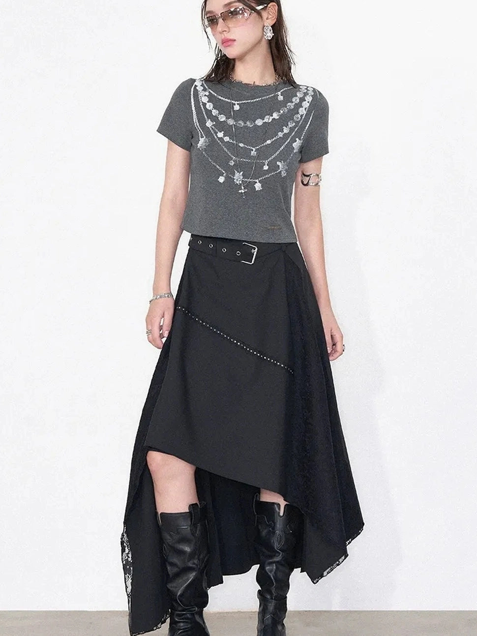 AFTADAWN Lost Necklace Print Tee Asymmetric Lace Skirt T-shirt