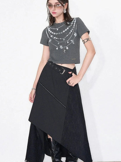 AFTADAWN Lost Necklace Print Tee Asymmetric Lace Skirt T-shirt