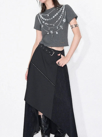 AFTADAWN Lost Necklace Print Tee Asymmetric Lace Skirt T-shirt