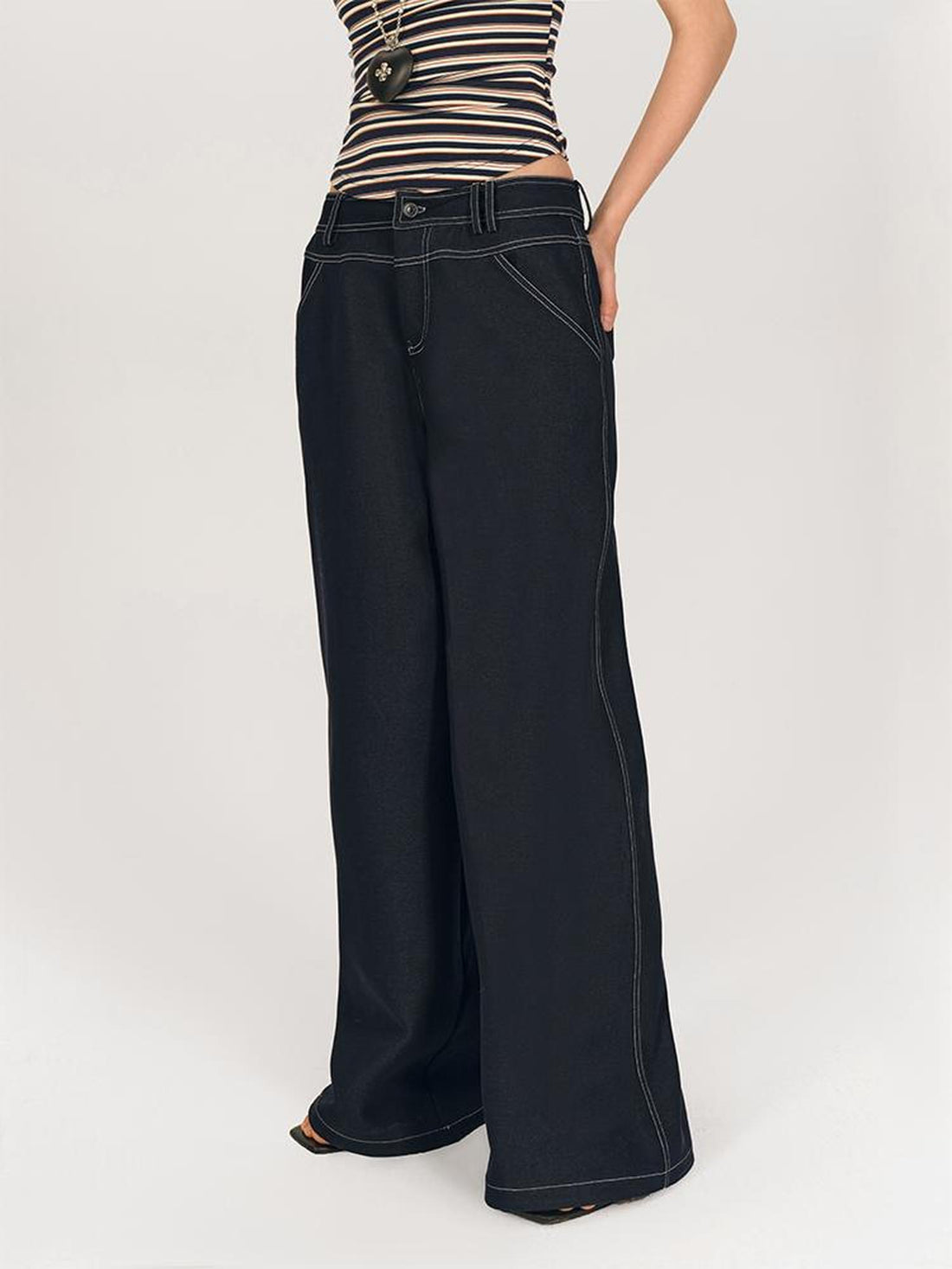 AFTADAWN Low Rise Split Waist Blue Denim Wide Leg Trousers