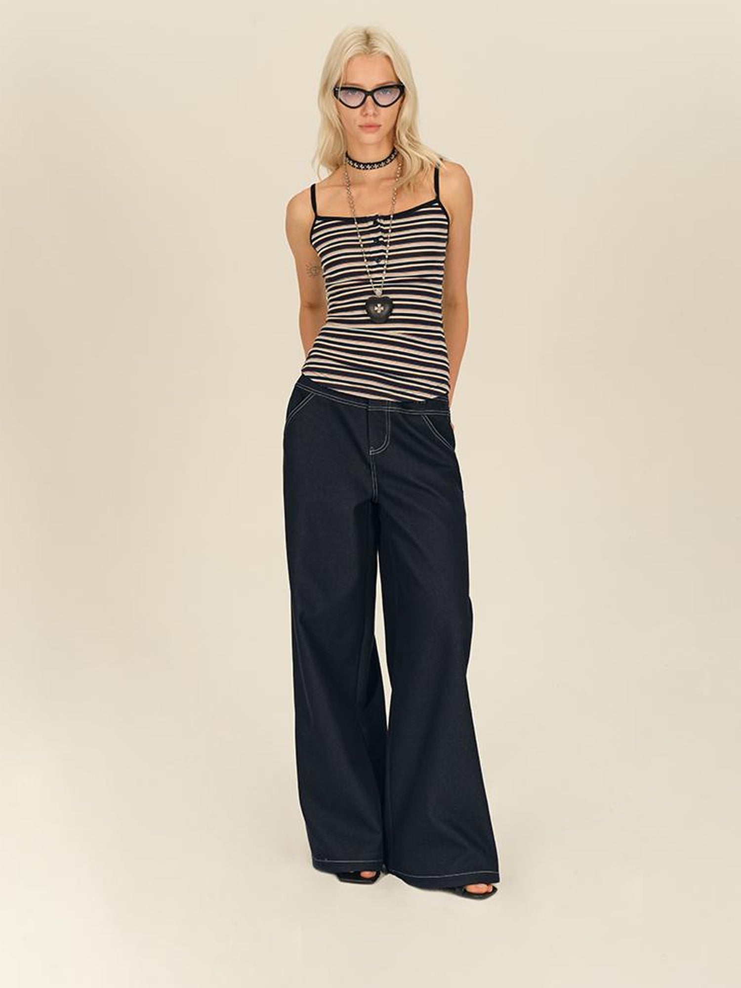 AFTADAWN Low Rise Split Waist Blue Denim Wide Leg Trousers