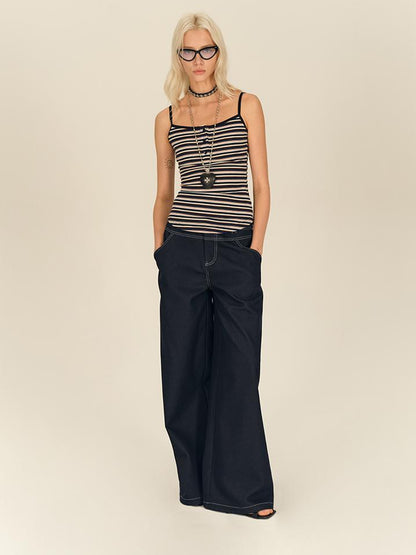 AFTADAWN Low Rise Split Waist Blue Denim Wide Leg Trousers