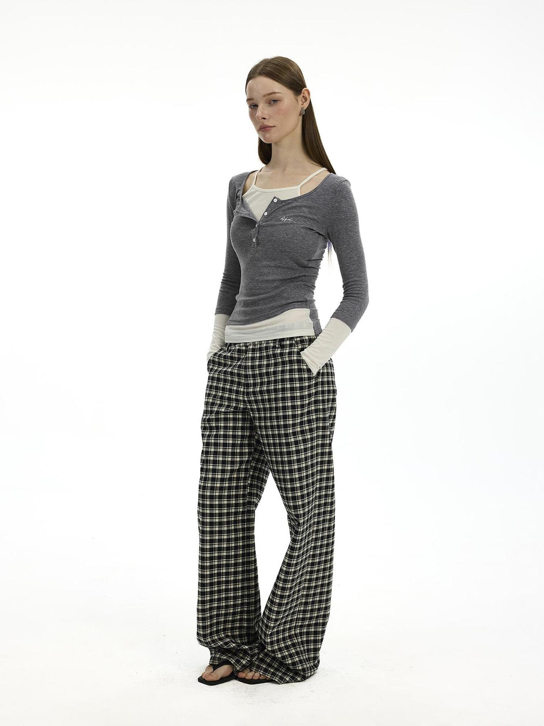 AFTADAWN Low Waist Lyocell Checkered Wide Leg Pants With Dropped Crotch