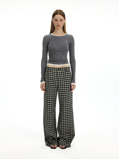 AFTADAWN Low Waist Lyocell Checkered Wide Leg Pants With Dropped Crotch