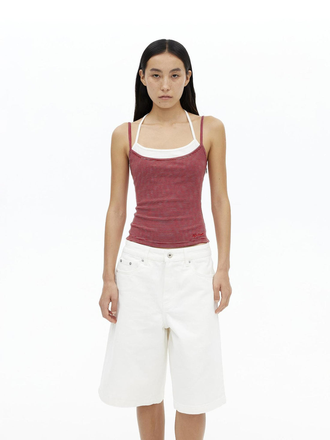 AFTADAWN Lyocell Layered Halter Neck Striped Top