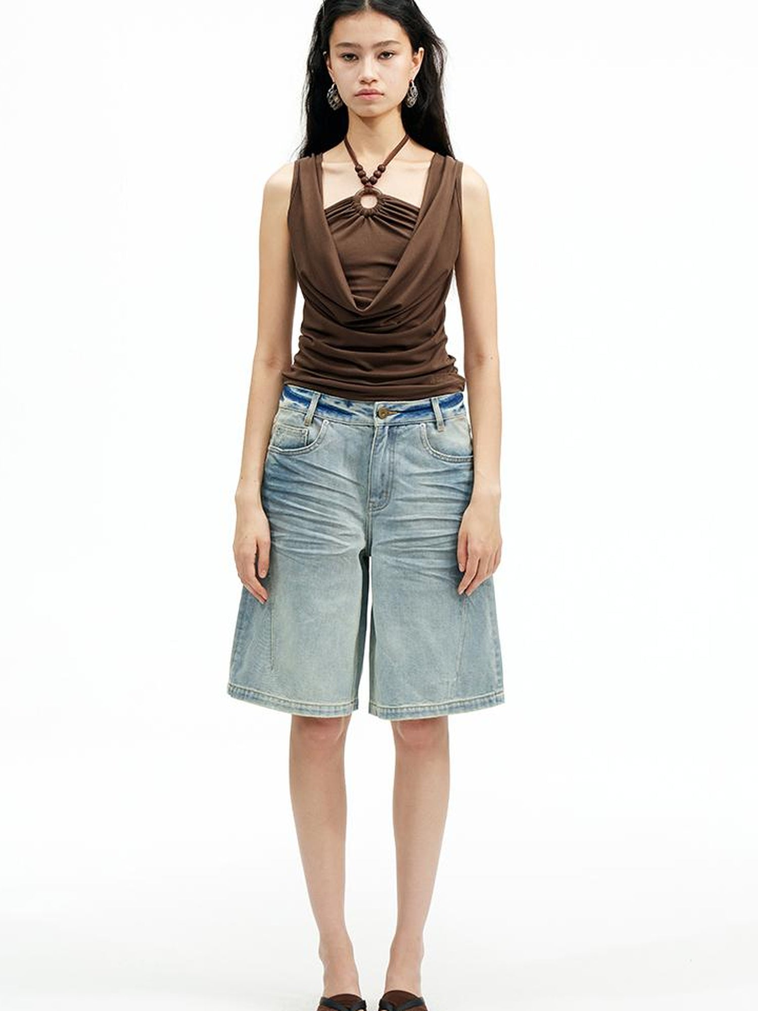 AFTADAWN Lyocell Layered Halter Necklace Beaded Vest Camisole