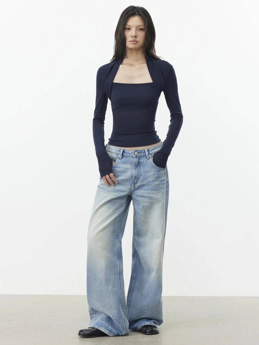 Lyocell Wool Blend Fitted Mock Neck Top T-shirt