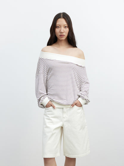 AFTADAWN Lyocell Wool Blend Striped Off Shoulder Long Sleeve Top
