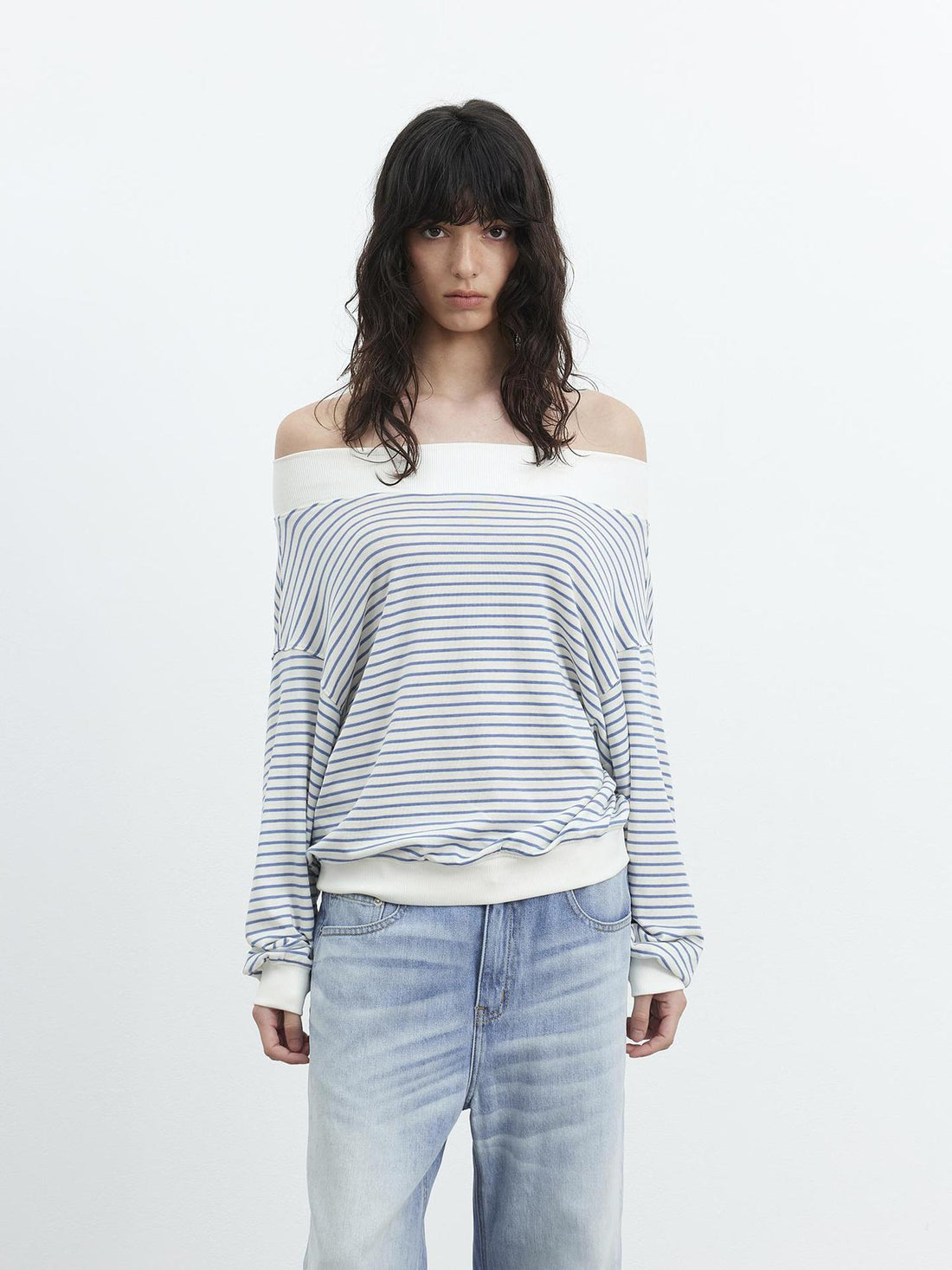 AFTADAWN Lyocell Wool Blend Striped Off Shoulder Long Sleeve Top